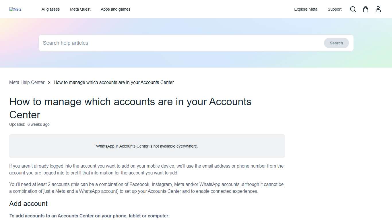 How to manage which accounts are in your Accounts Center | Meta Help Center | Meta Store